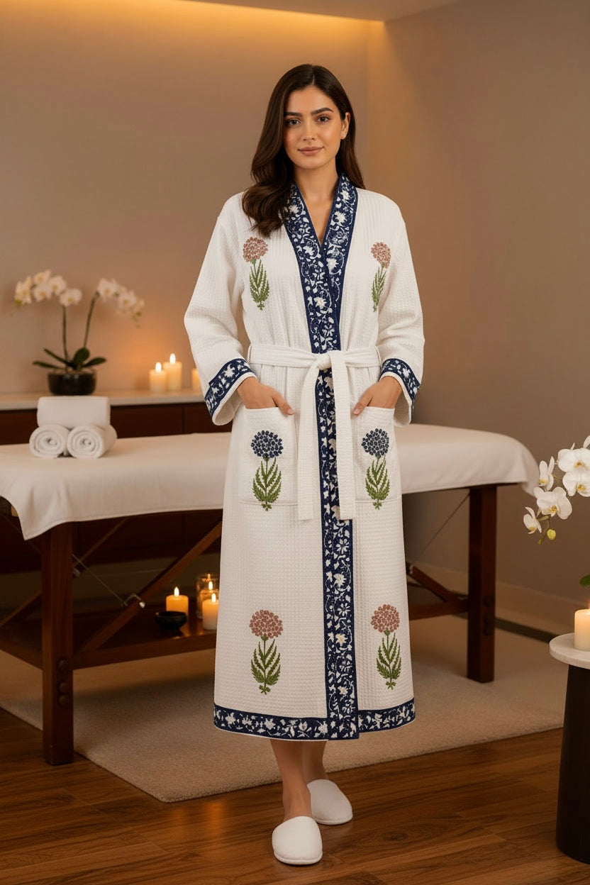 Blue and Orange Floral Motifs Waffle Cotton Bathrobe