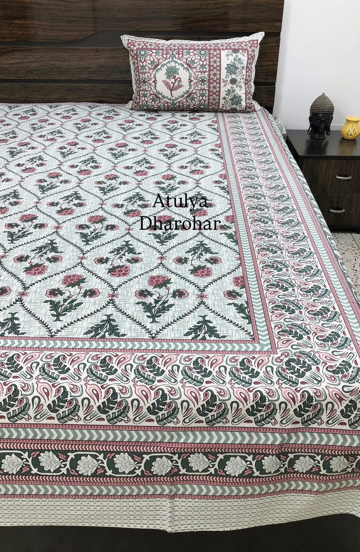 Pink Floral Mughal Jaal Cotton Super King Bedsheet