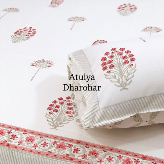 Peach Floral Motifs Hand Block Printed Super King Bedsheet