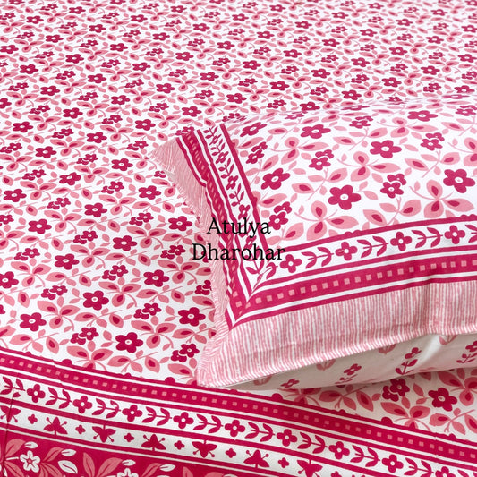 Pink Floral Jaal Cotton King Size Bedsheet