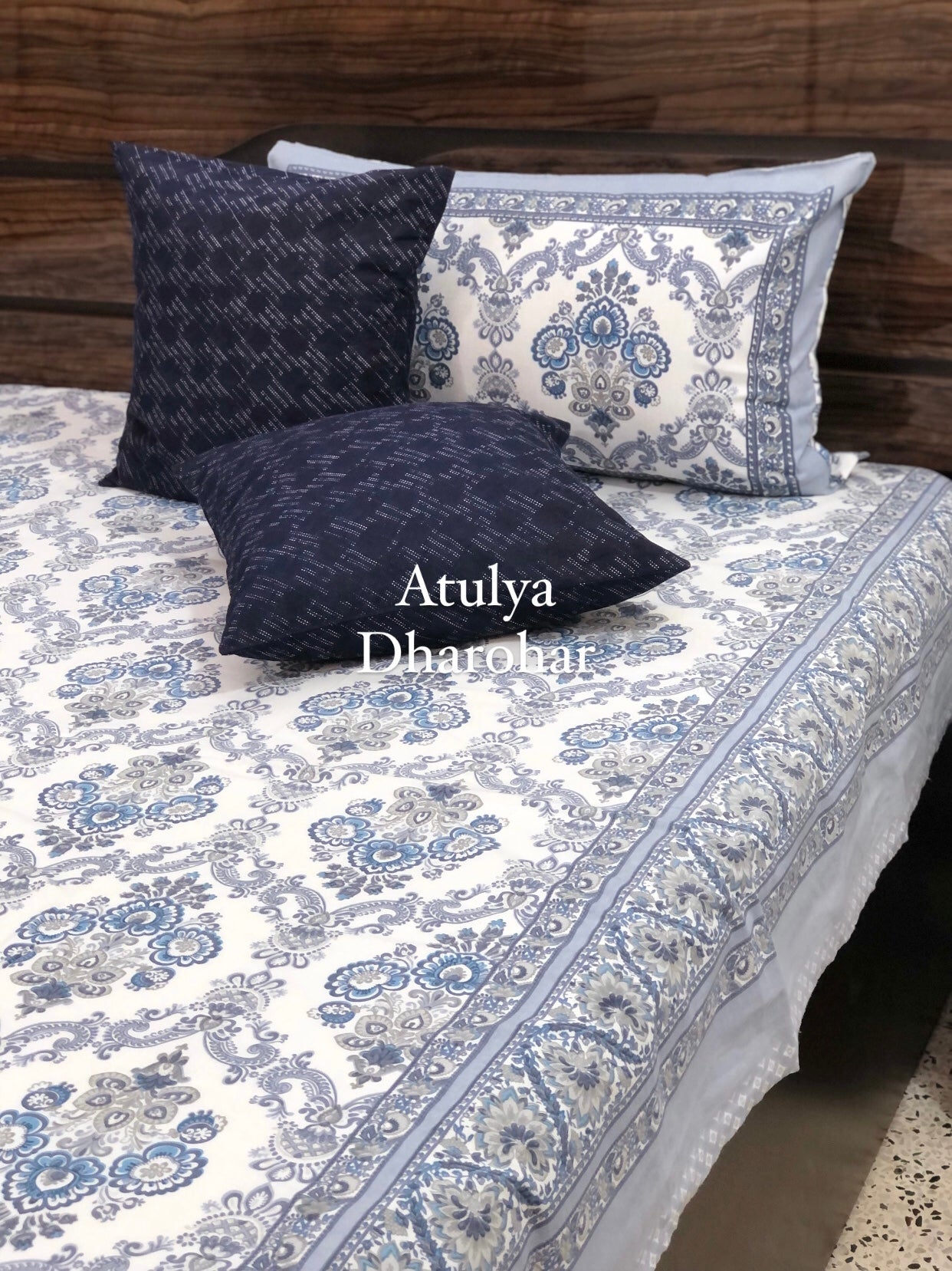 Blue Floral Mughal Jaal Bedsheet