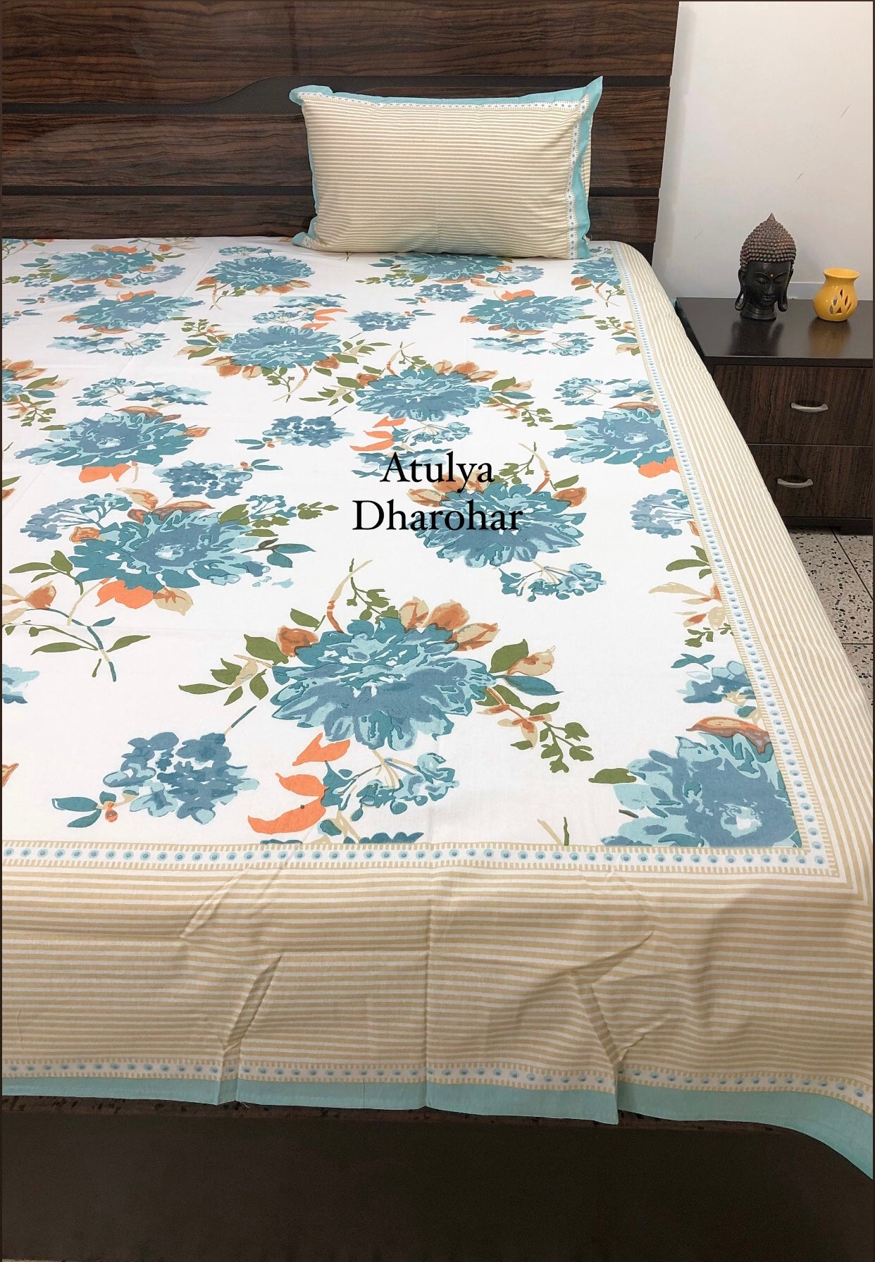 Turquoise Floral Motifs Cotton Bedsheet