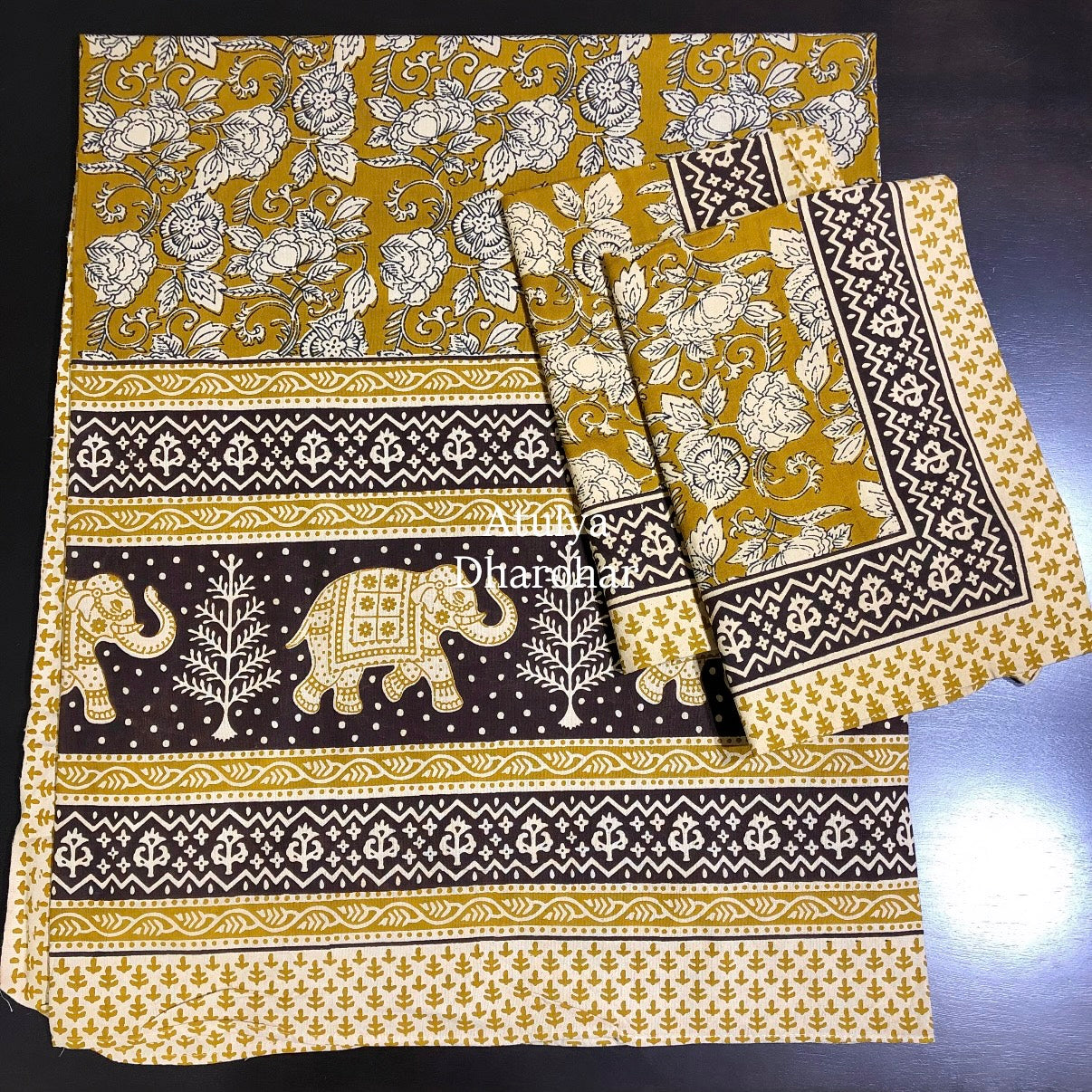 Greenish Mustard Kalamkari Cotton King Size Bedsheet