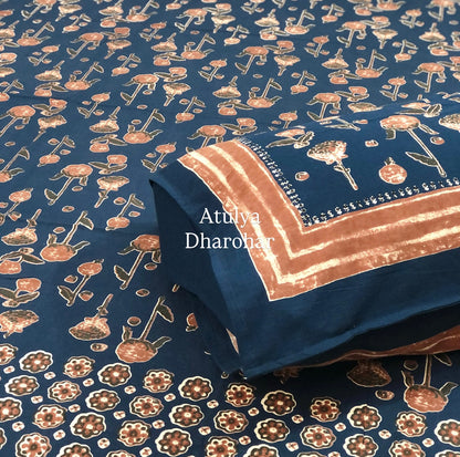 Navy Blue Floral Motifs Cotton Super King Bedsheet