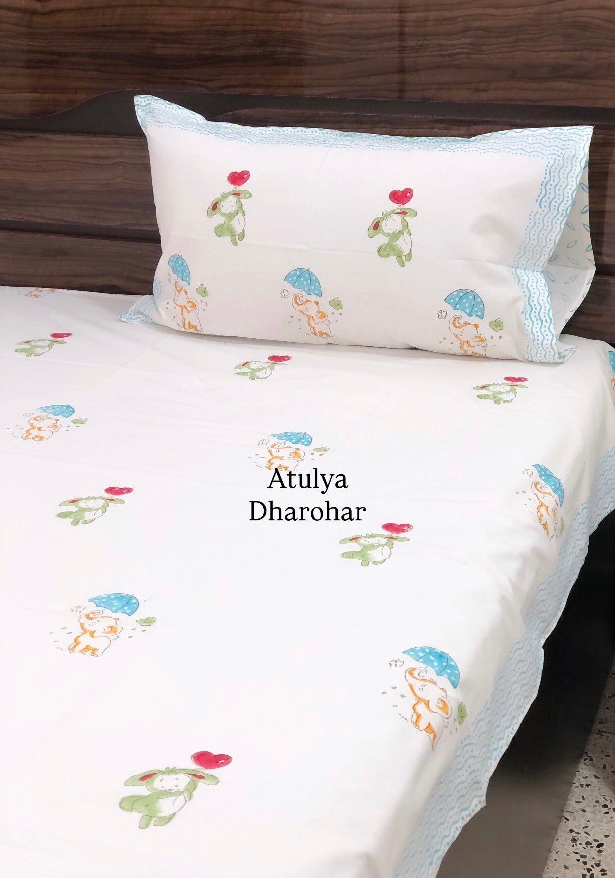 Elephant and Rabbit Hand Block Printed Single Bedsheet