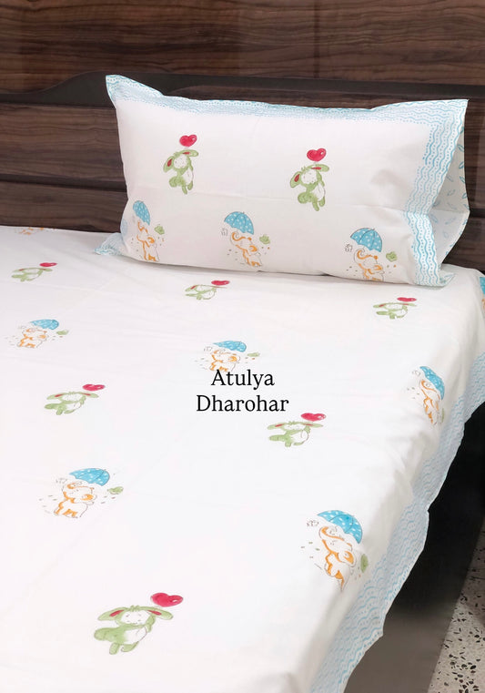 Elephant and Rabbit Hand Block Printed Single Bedsheet