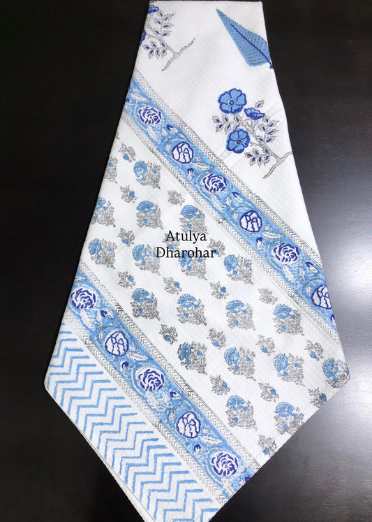 Blue and Grey Floral Motifs Hand Block Printed Waffle Cotton Towel
