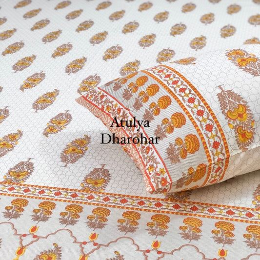 Orange and Yellow Floral Motifs Bedsheet