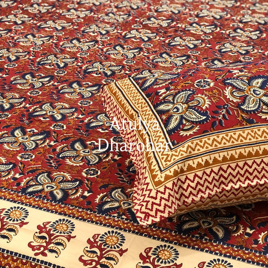 Red and Blue Kalamkari Cotton Super King Bedsheet