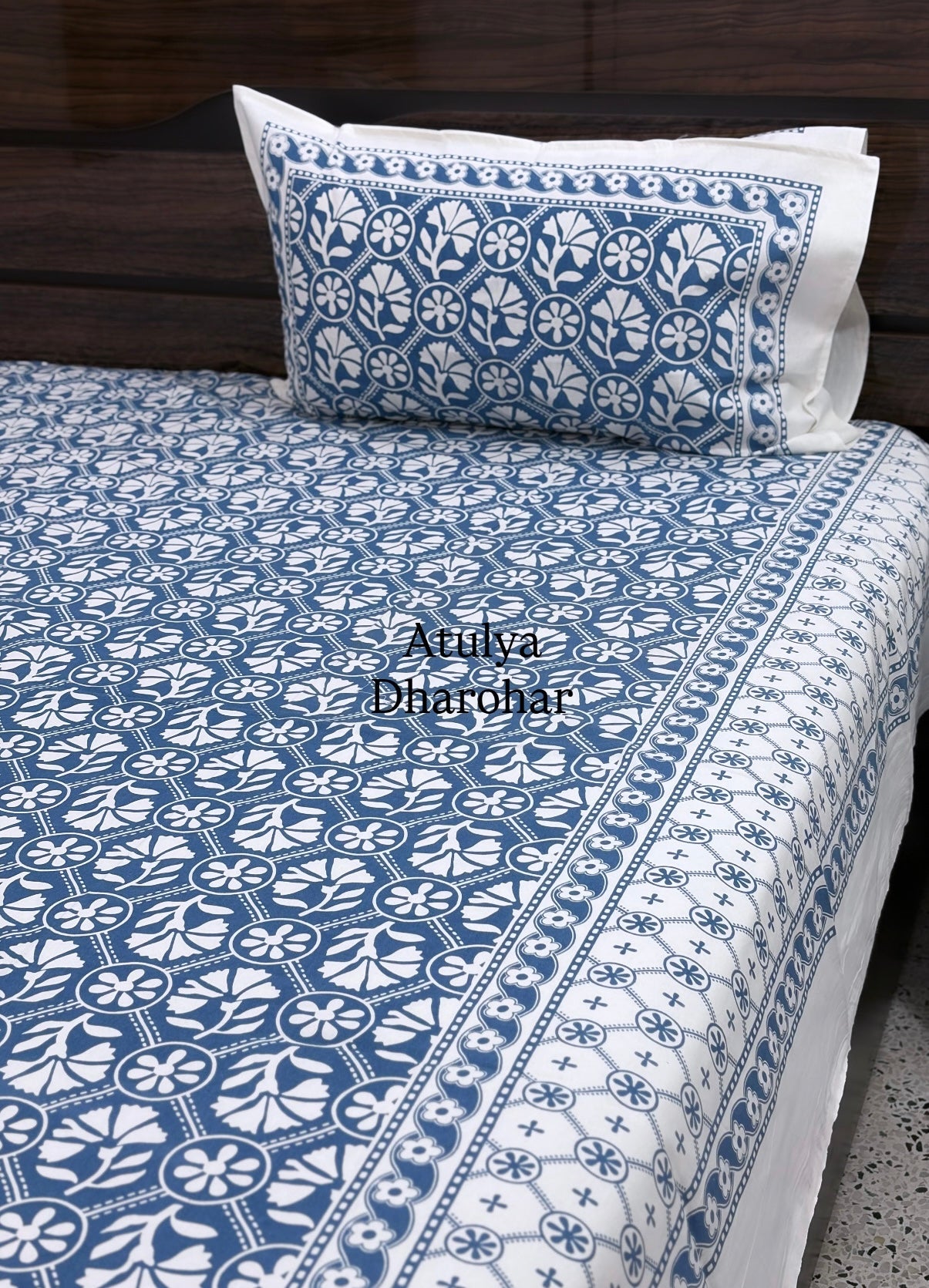 Blue Floral Jaal Cotton Super King Bedsheet