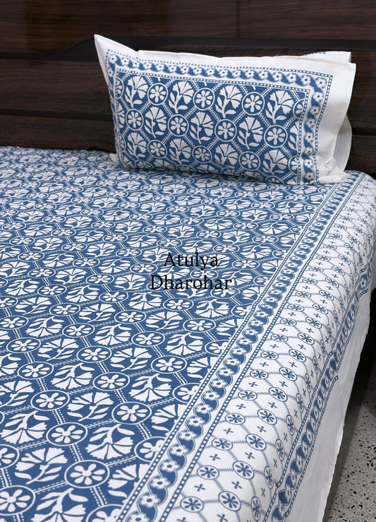 Blue Floral Jaal Cotton Super King Bedsheet