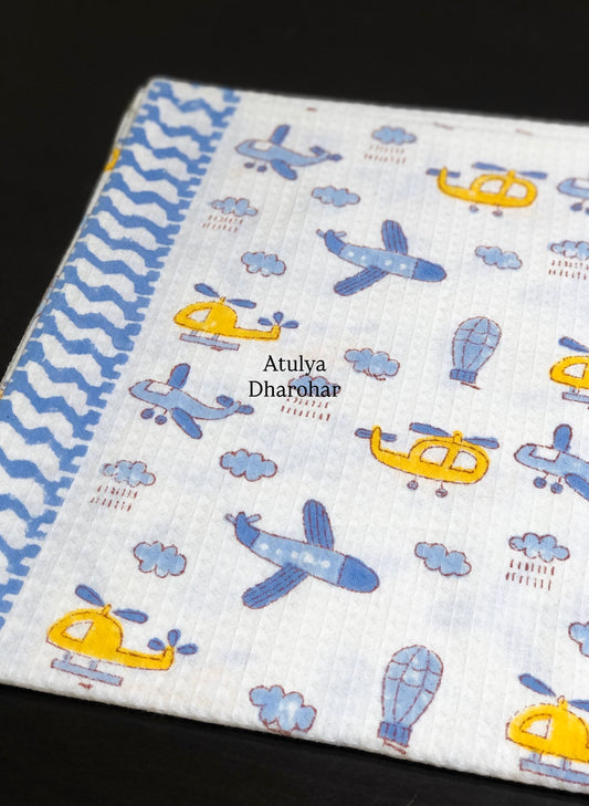 Aeroplane and Helicopter Waffle Cotton Hand Block Printed Kids Towel
