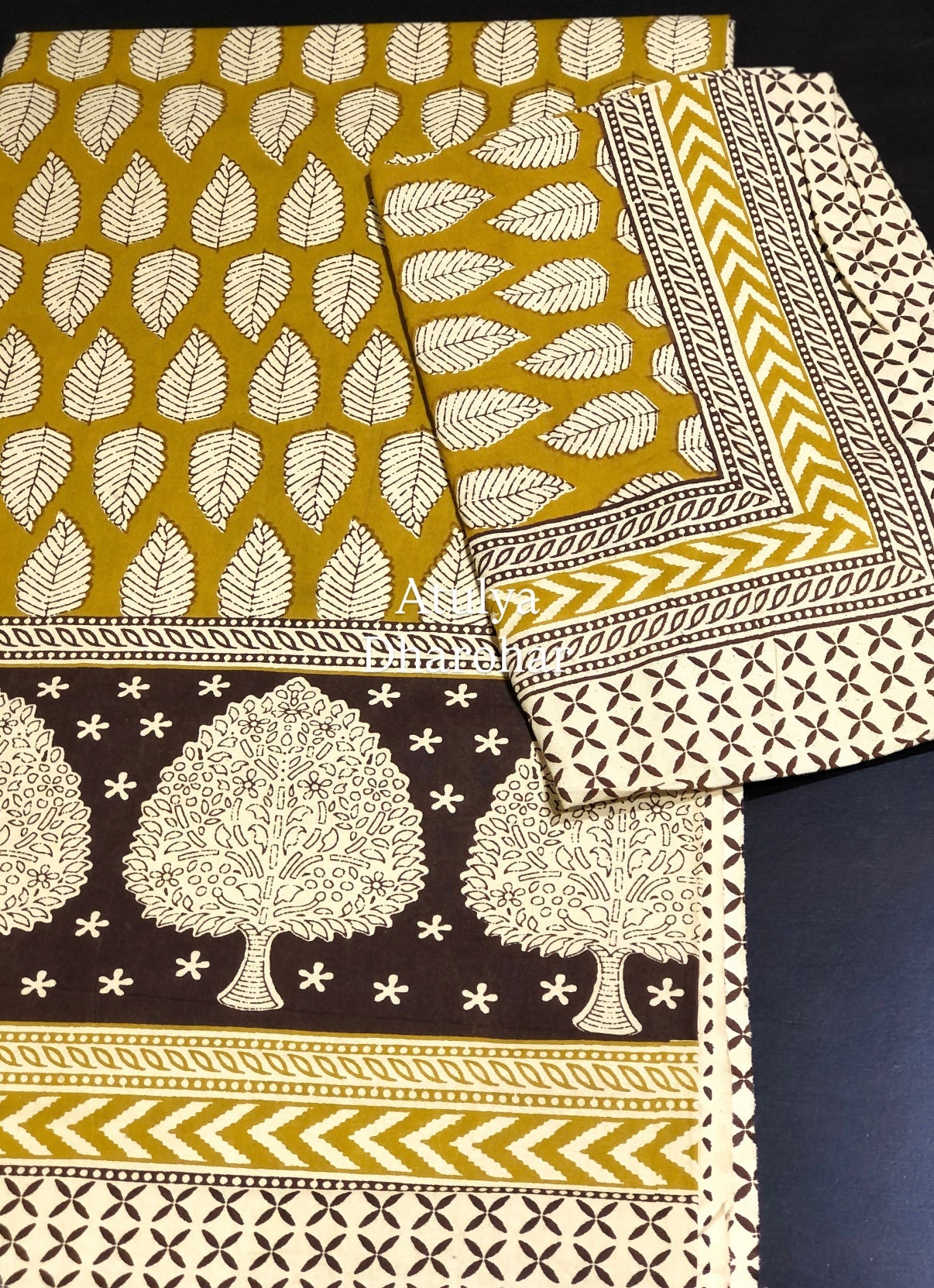 Greenish Mustard and Black Kalamkari Single Bedsheet