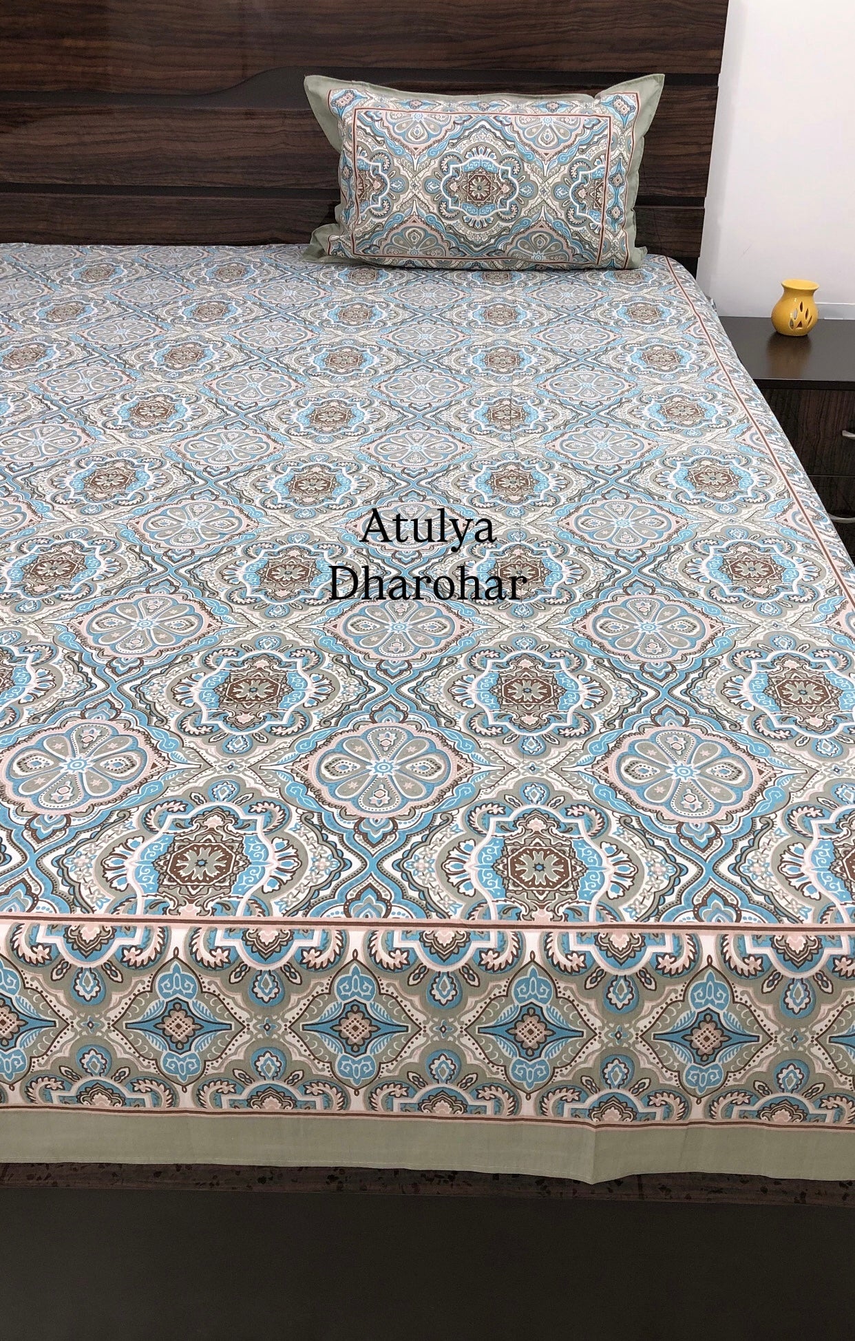 Grey and Blue Ikat Cotton King Size Bedsheet