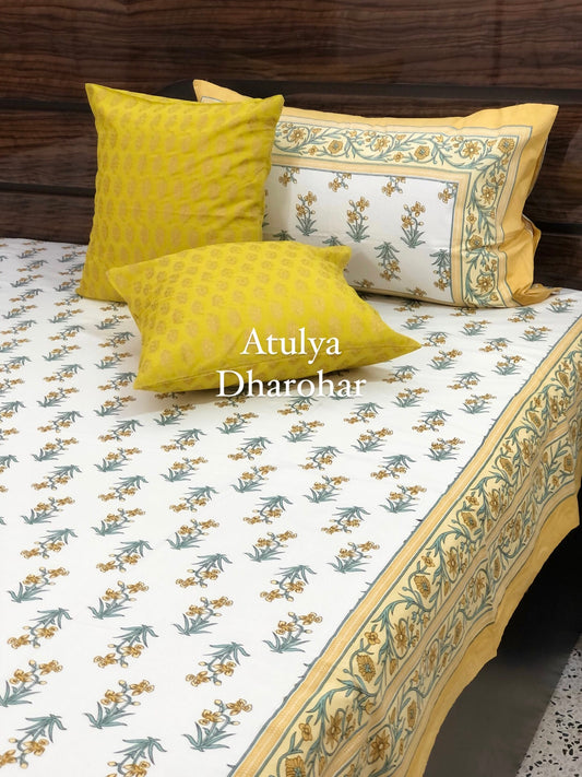 Yellow Floral Motifs Super King Bedsheet