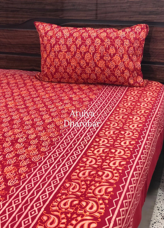 Red Classic Butti Cotton Hand Block Super King Bedsheet