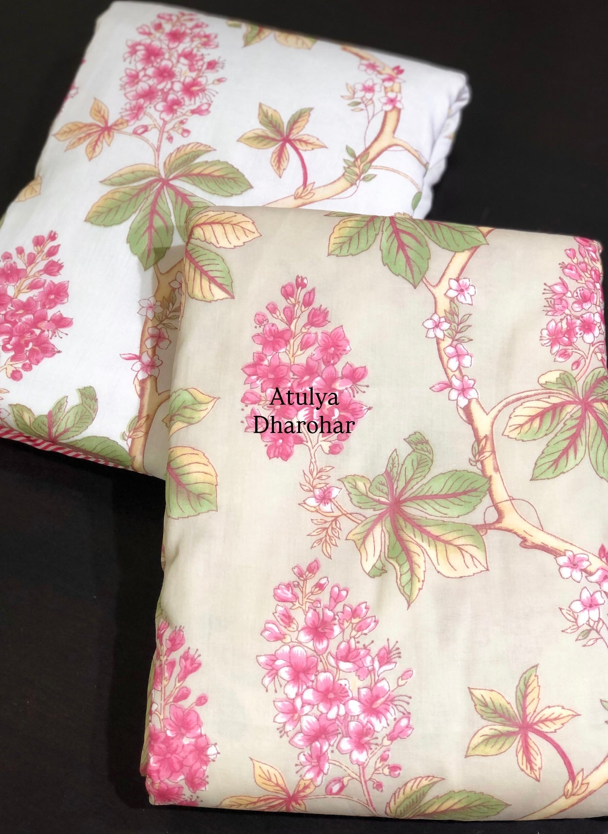 Pink and Green Floral Jaal Mulmul Single Bed Dohar Pair