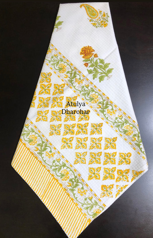 Yellow Floral Motifs Hand Block Printed Waffle Cotton Towel