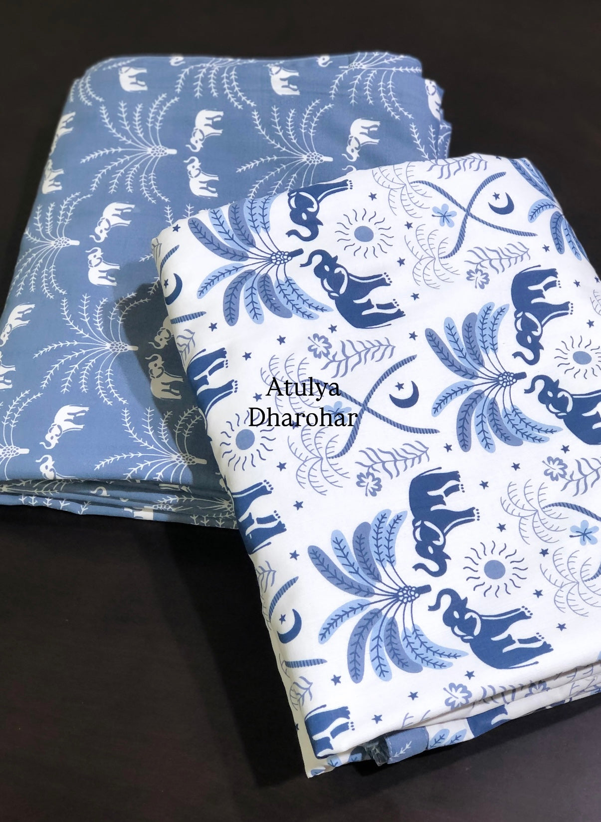 Blue Elephant Motifs Cambric Cotton Single Dohar Pair