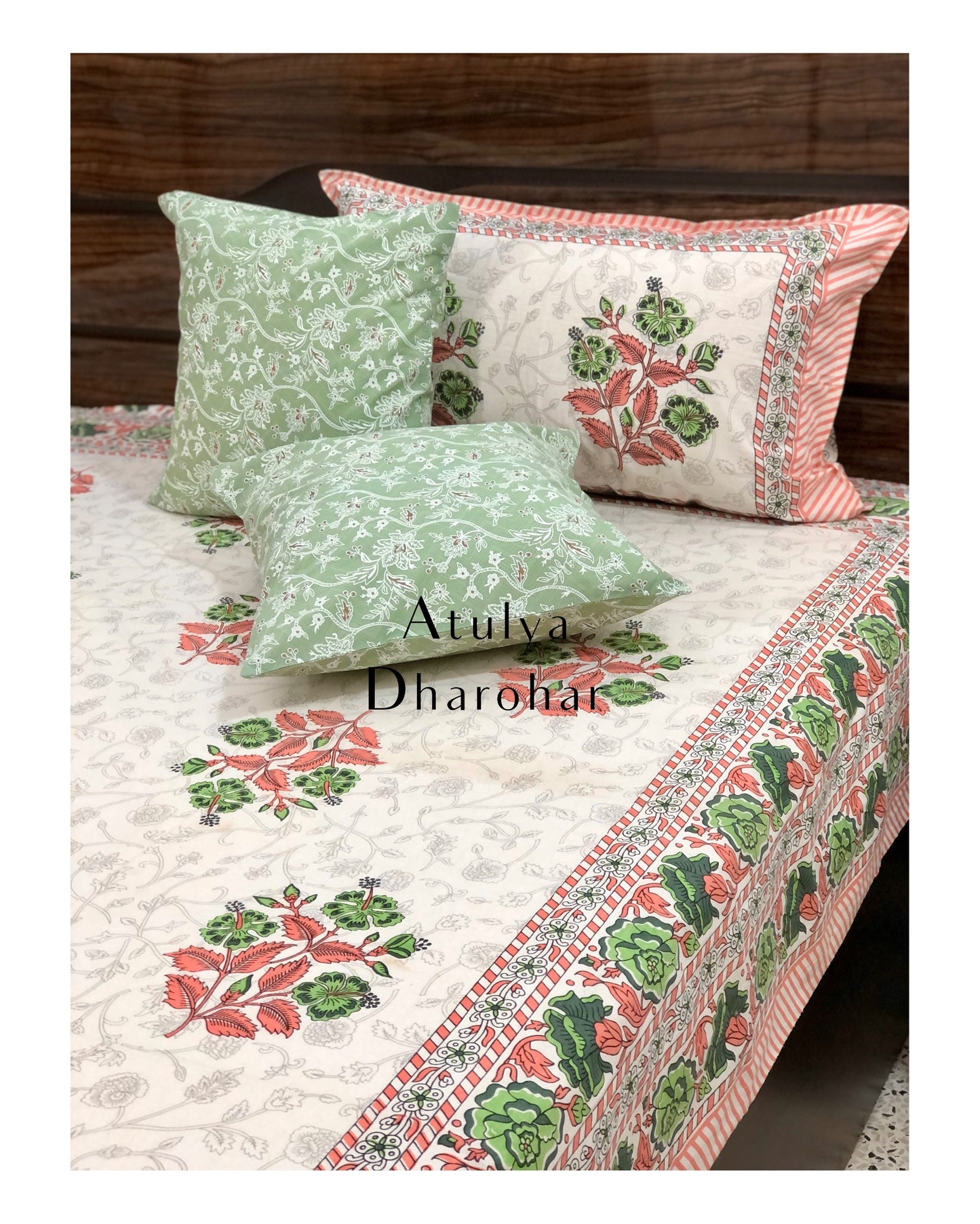 Peach and Green Floral Motifs Bedsheet