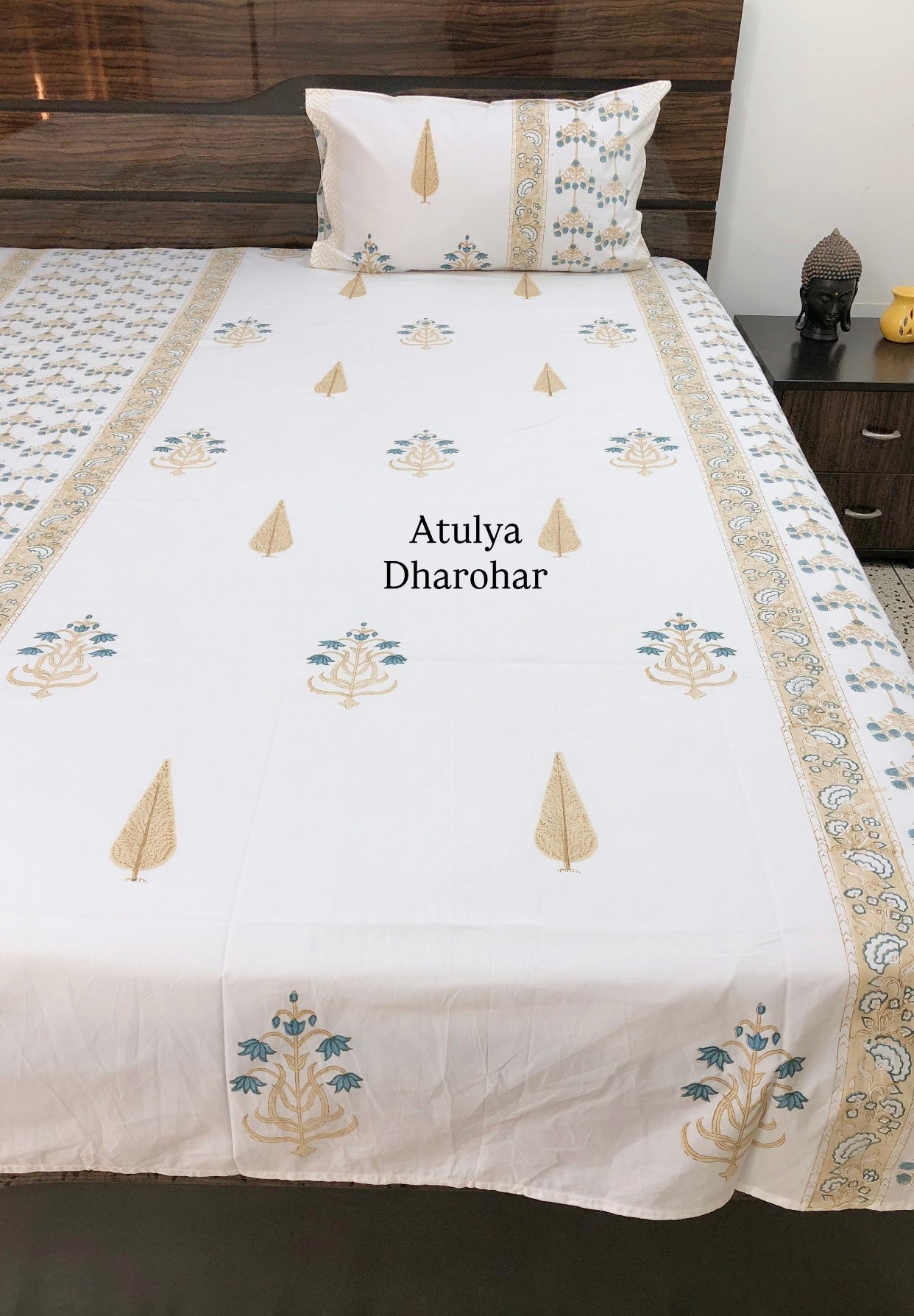 Teal and Golden Brown Floral Motifs Percale Cotton Hand Block Super King Bedsheet