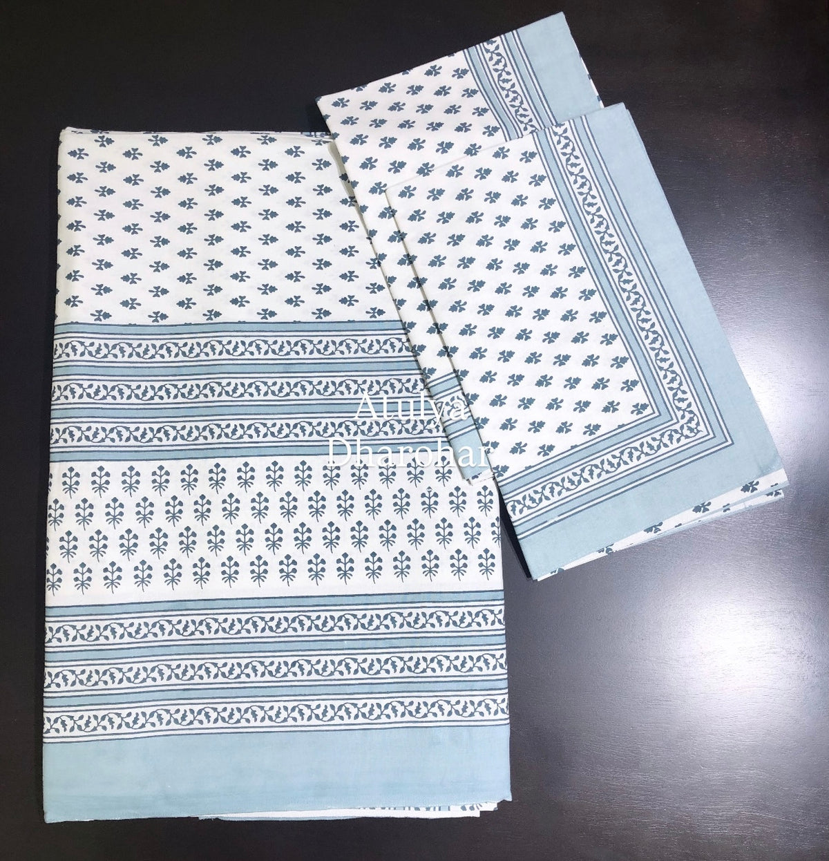 Greyish Blue Butti Cotton King Size Bedsheet