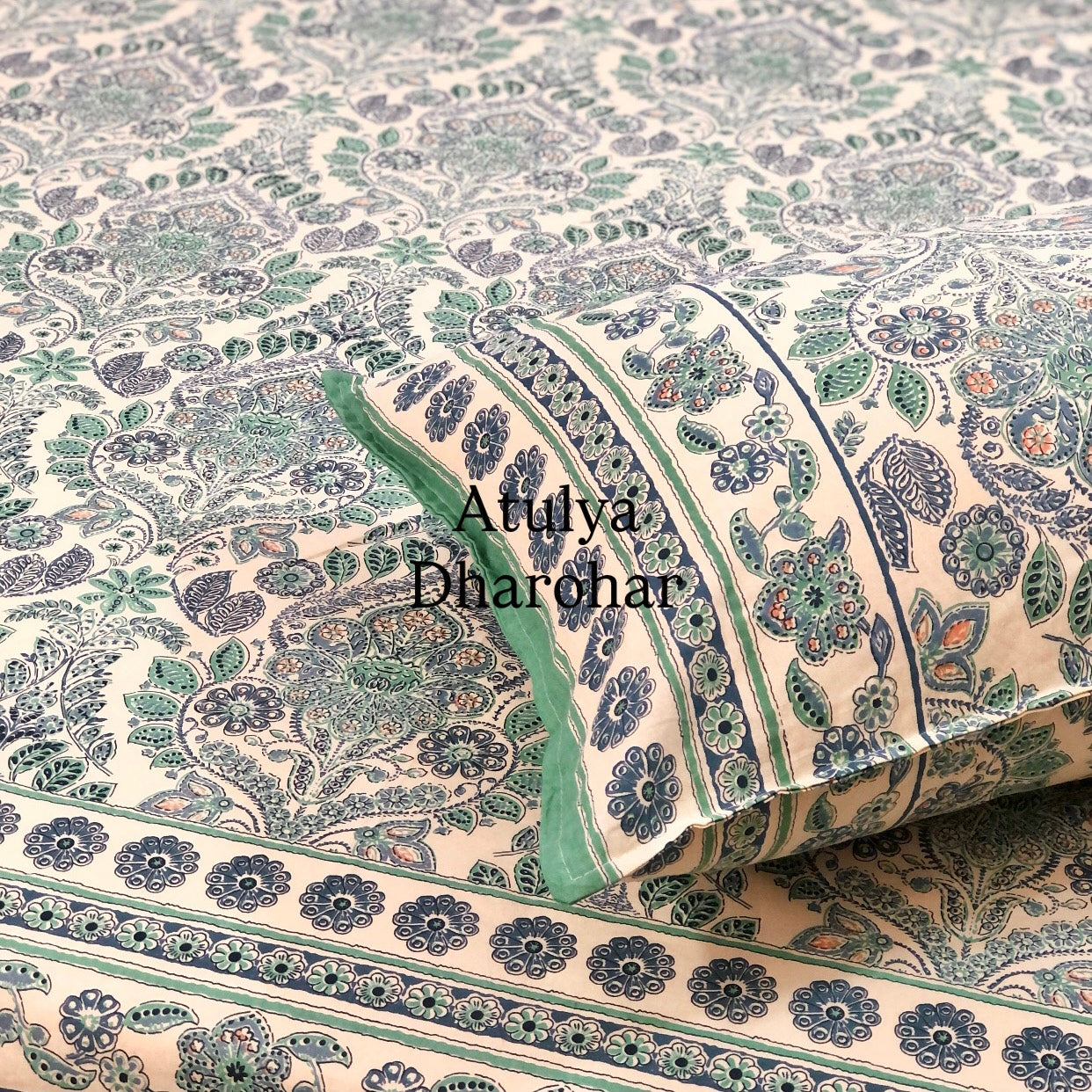 Blue and Green Mughal Jaal Cotton Super King Bedsheet