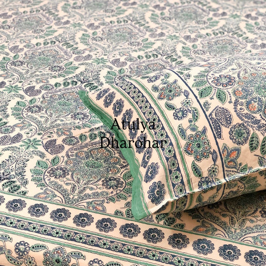 Blue and Green Mughal Jaal Cotton Super King Bedsheet