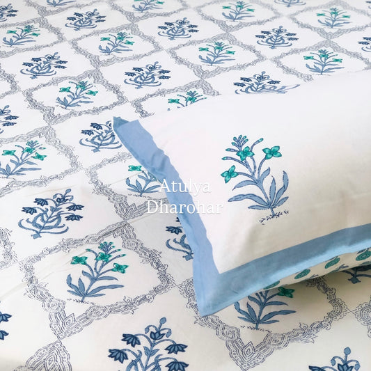 Blue Floral Mughal Jaal Super King Cotton Bedsheet