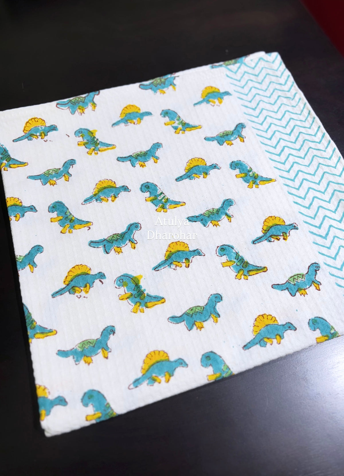 Blue Dino Hand Block Printed Waffle Cotton Kids Towel