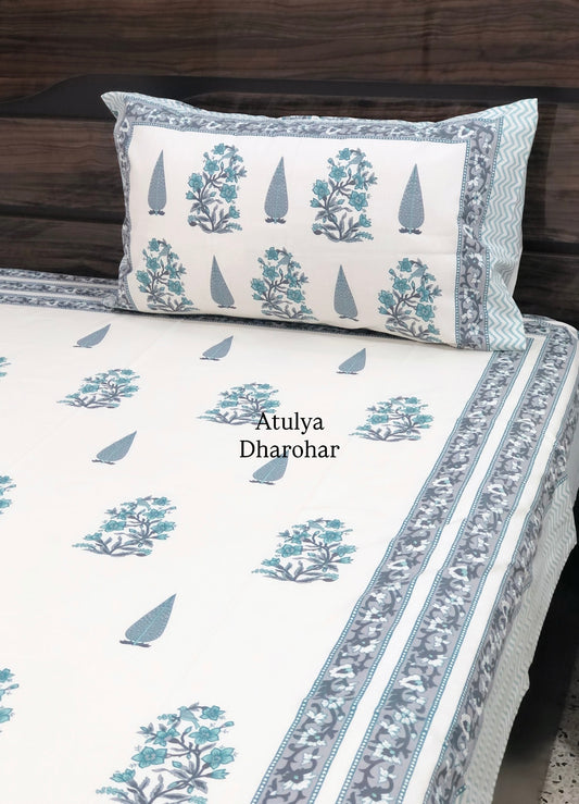Teal and Grey Floral Motifs Cotton Single Bed Bedsheet