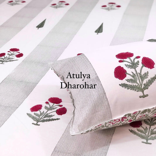 Pinkish Red Marigold with Pine Tree Motifs Hand Block Printed Super King Bedsheet