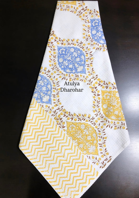 Yellow and Blue Mughal Jaal Hand Block Printed Waffle Cotton Towel