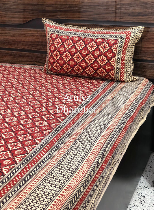 Maroon & Black Cotton Kalamkari King Size Bedsheet