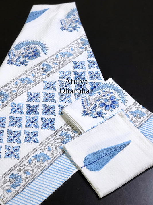 Blue Mughal Motifs Hand Block Waffle Cotton Towel Set