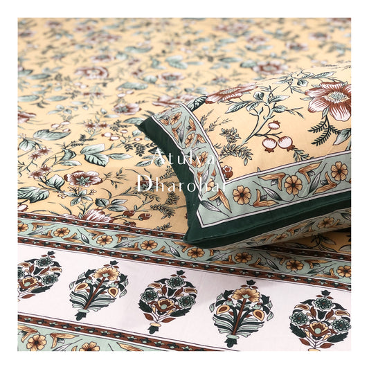 Yellow and Green Floral Jaal Bedsheet