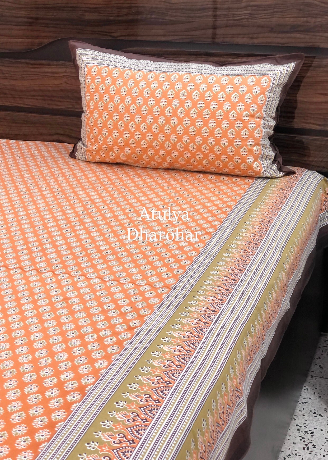 Orange Butti Cotton King Size Bedsheet