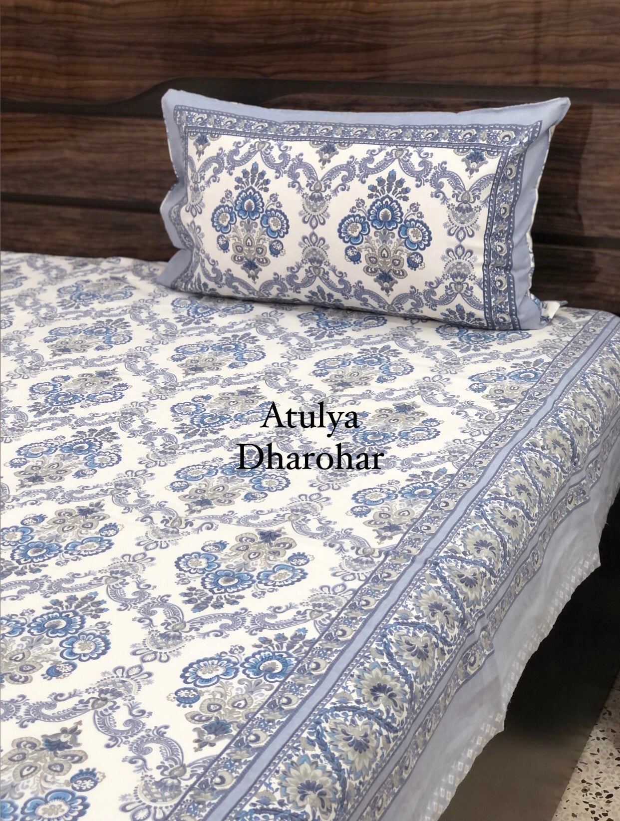 Blue Floral Mughal Jaal Bedsheet