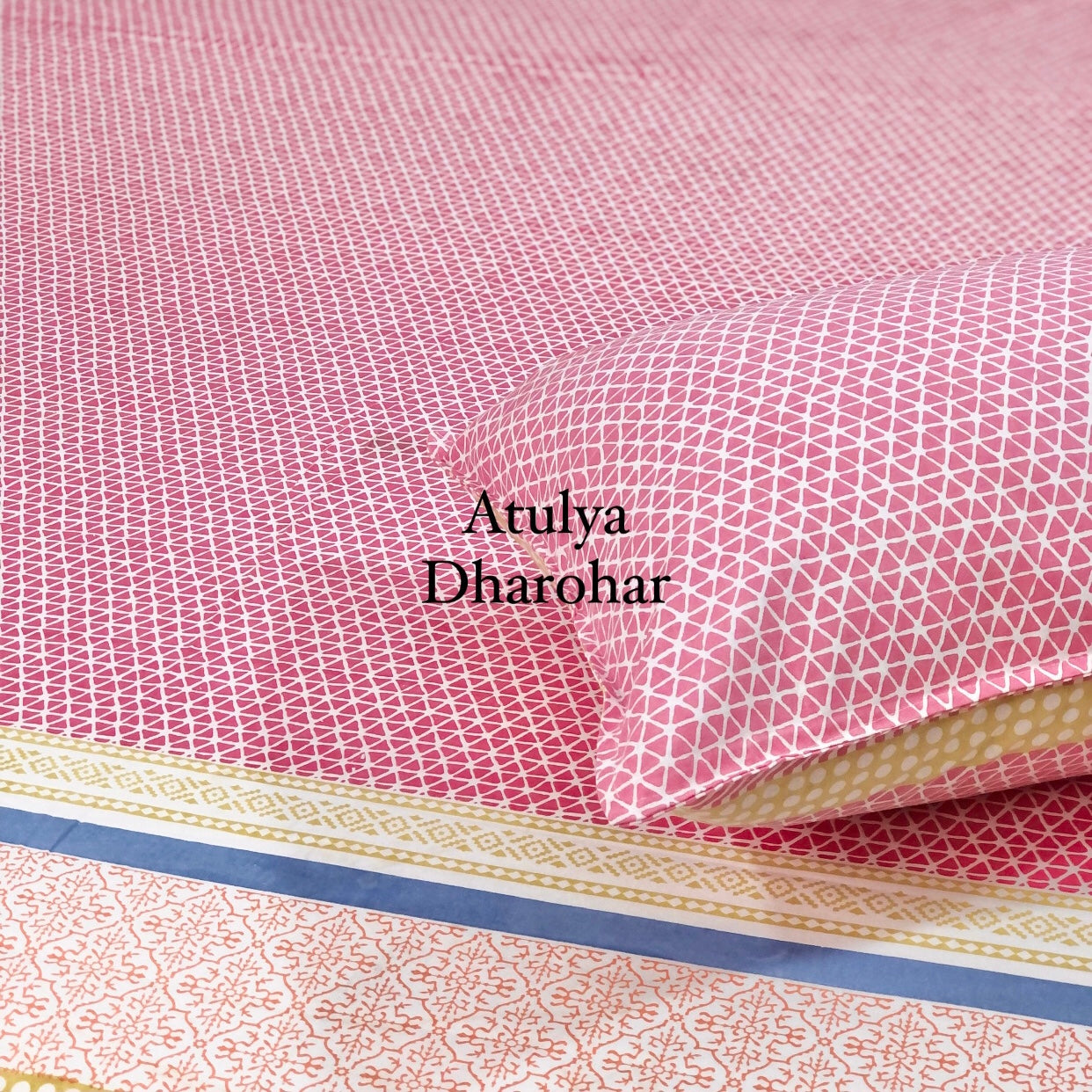 Pink Geometric with Mughal Jaal Bedsheet