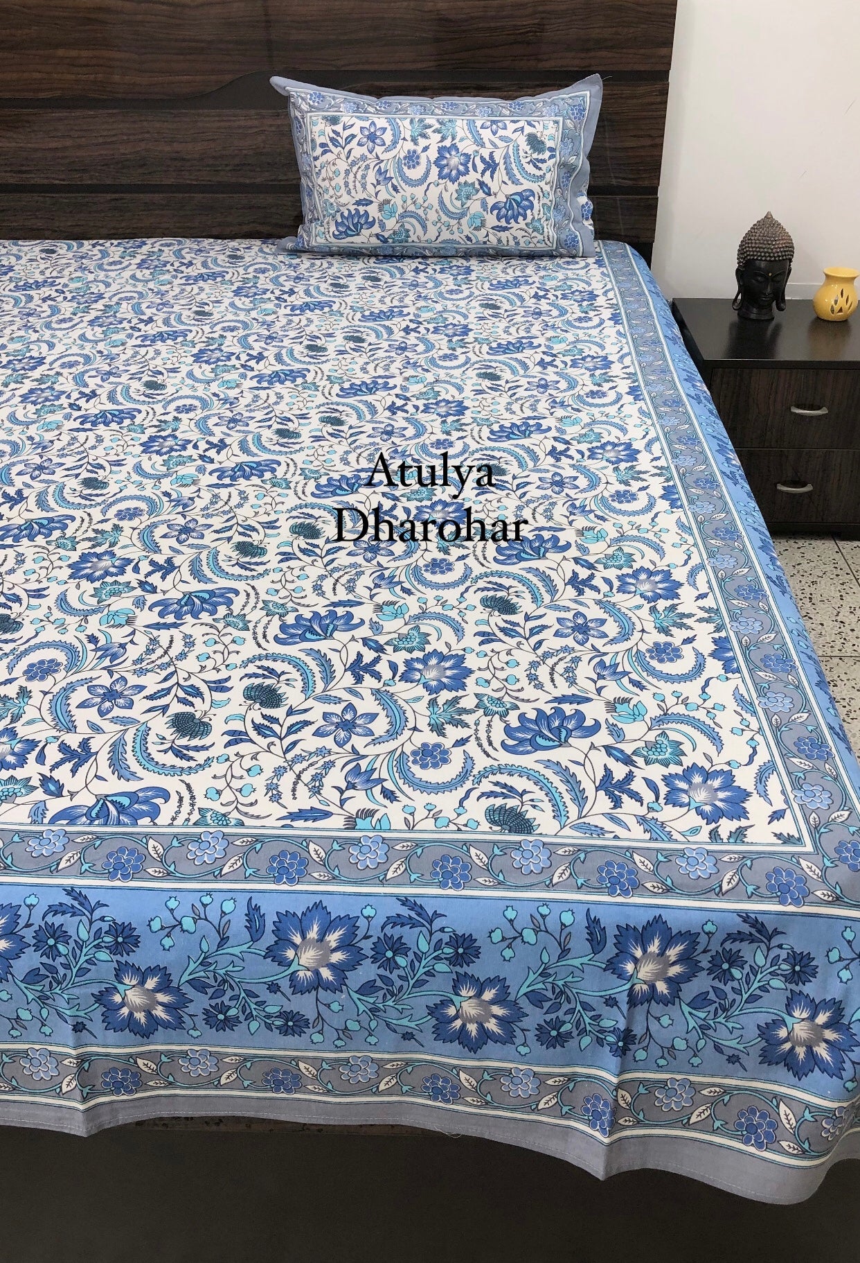 Blue Floral Jaal Super King Bedsheet