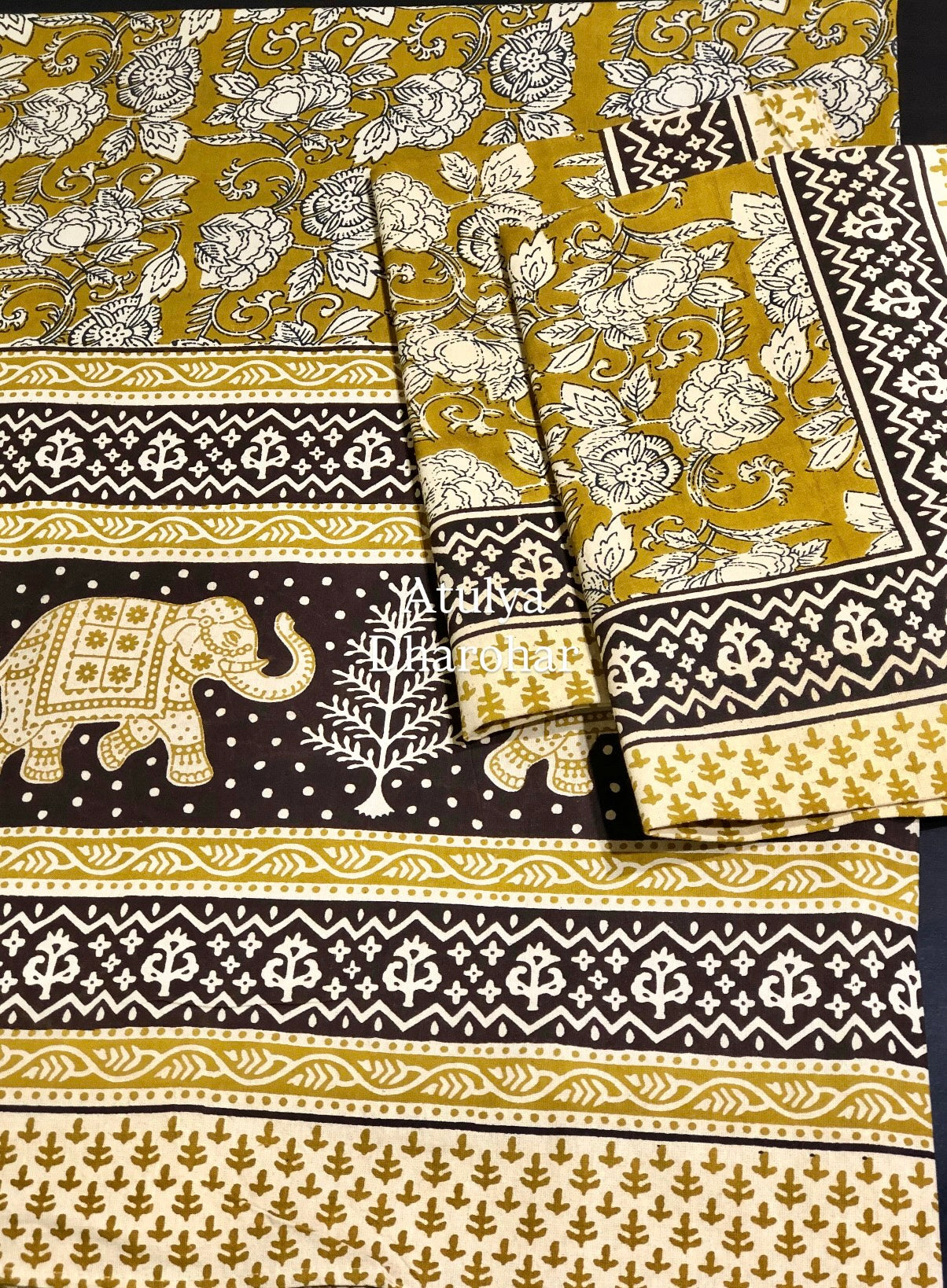 Greenish Mustard Kalamkari Cotton King Size Bedsheet