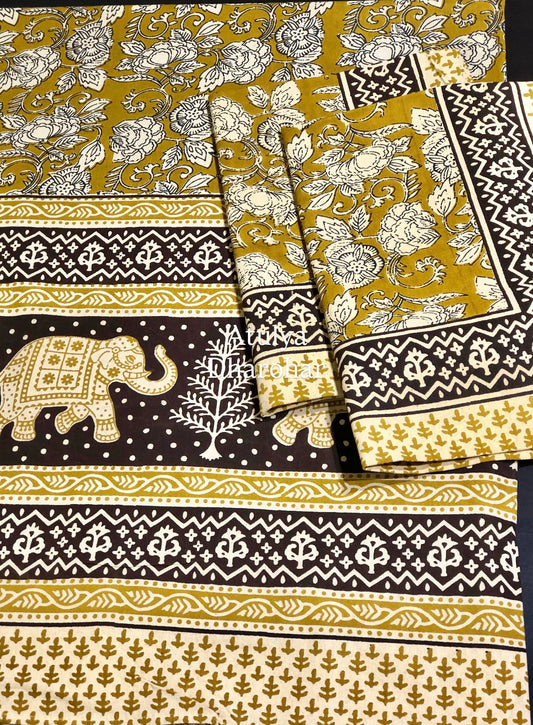 Greenish Mustard Kalamkari Cotton King Size Bedsheet