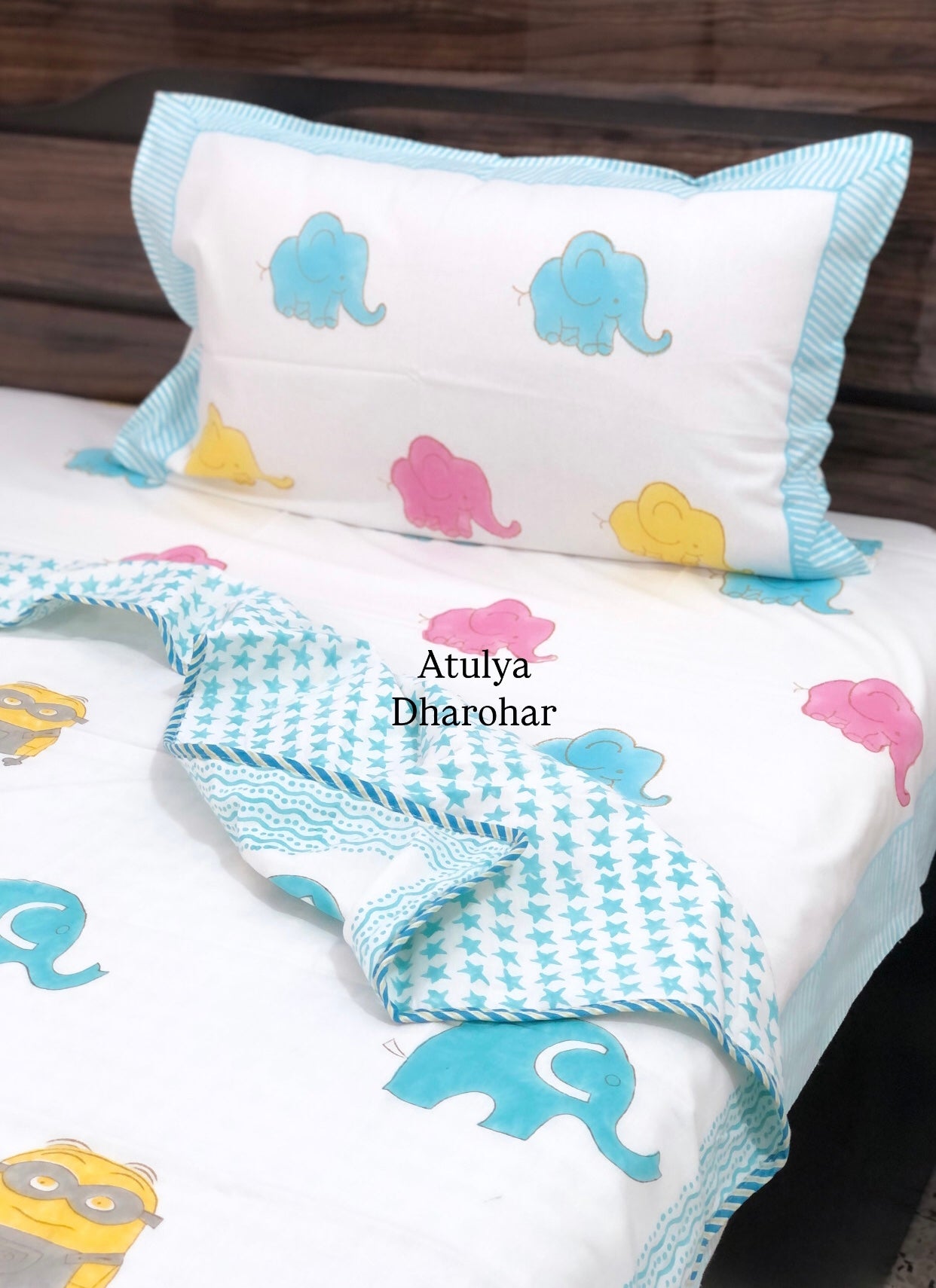Elephant and Minion Hand Block Printed Baby Mulmul Dohar