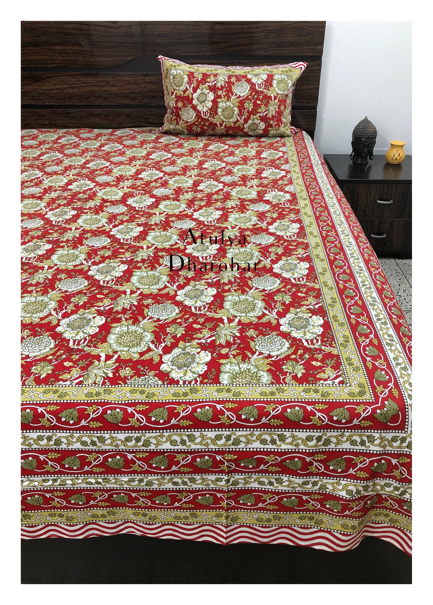 Red and Green Floral Jaal Bedsheet