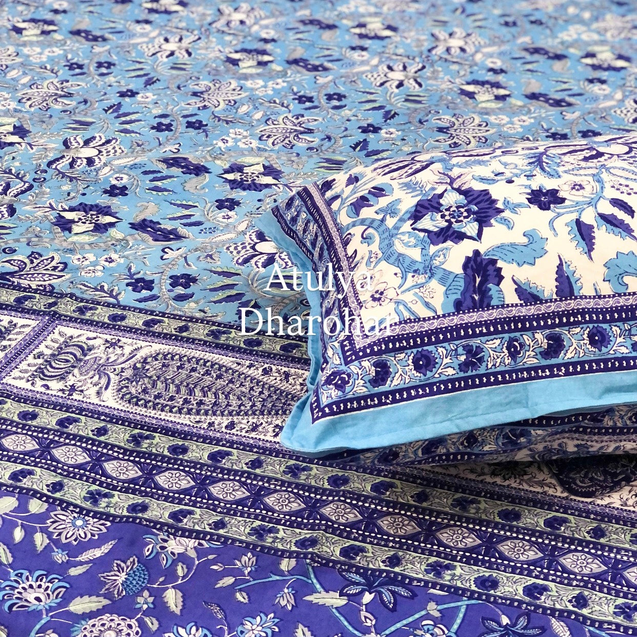 Blue Floral Jaal Cotton Super King Bedsheet