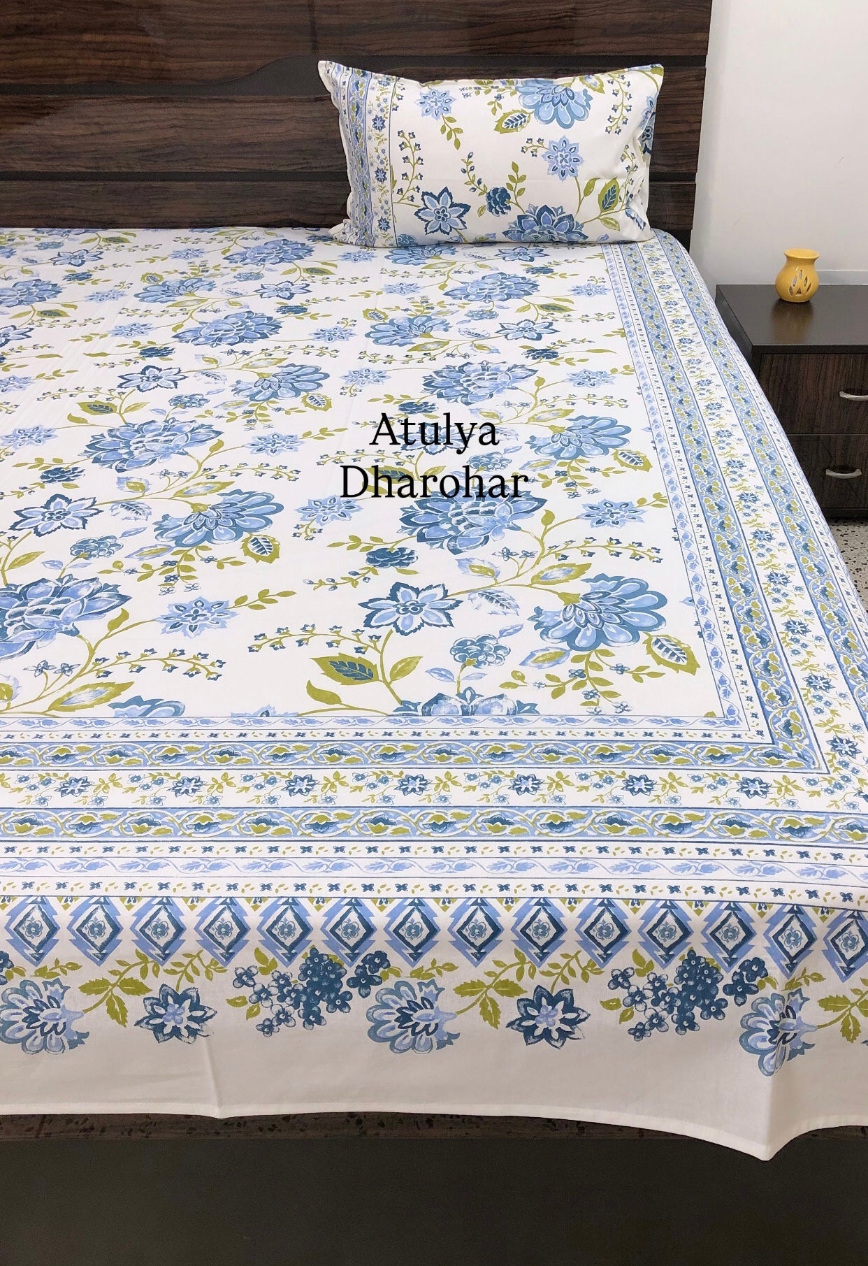 Blue and Green Floral Jaal Cotton Super King Bedsheet