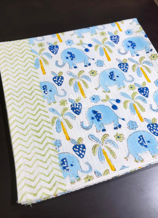 Blue Elephant Hand Block Printed Waffle Cotton Kids Towel
