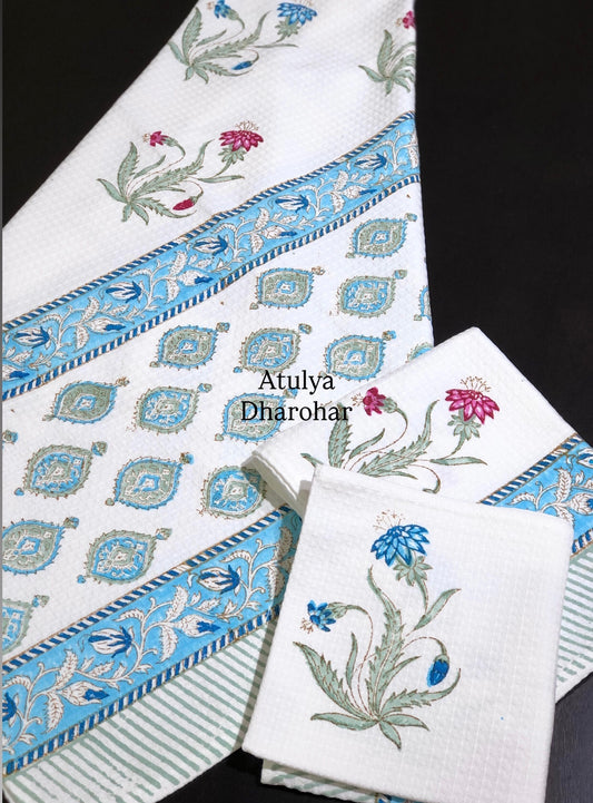 Pink and Blue Floral Hand Block Waffle Cotton Towel Set