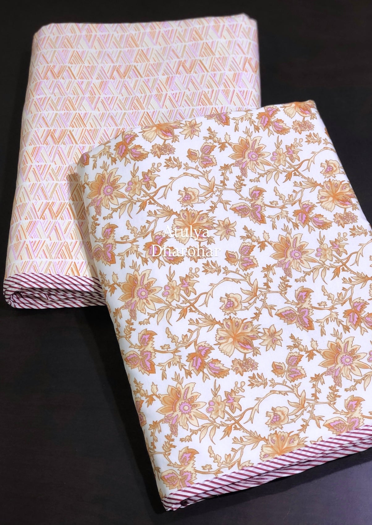 Orange Floral Jaal Cambric Cotton Single Dohar Pair