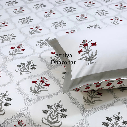 Grey and Red Floral Mughal Jaal Cotton Super King Bedsheet